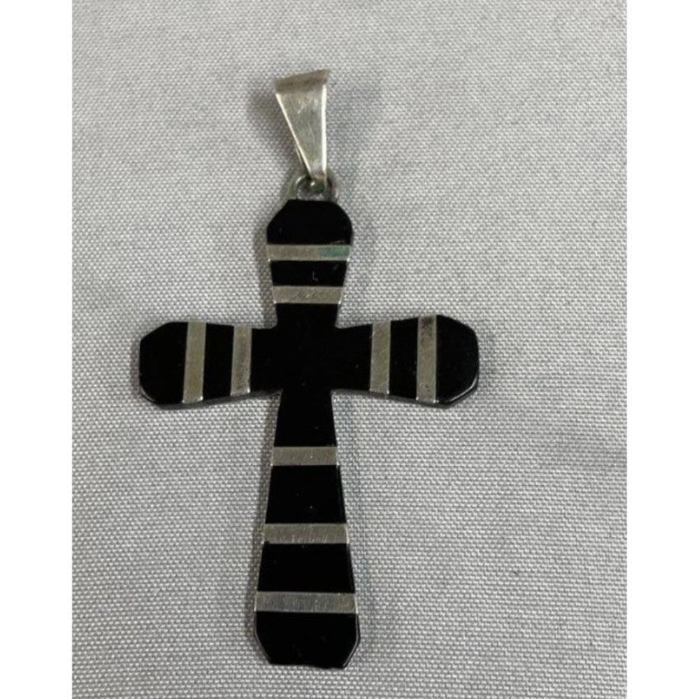 Vintage Taxco Mexico 925 Sterling Silver Black Onyx Inlay Striped Cross Pendant